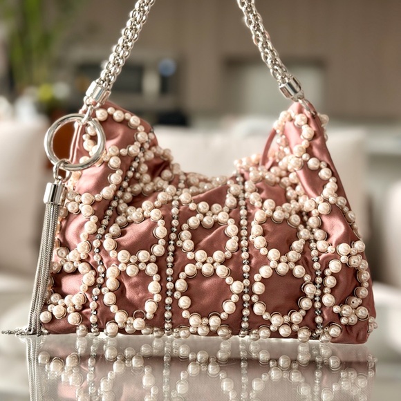 Jimmy Choo Dusty Pink Satin Pearl Embellished Callie Bag - Picture 3 of 8